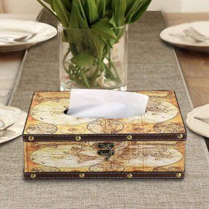 Yellow Map Vintage Rectangular Wooden Tissue Box
